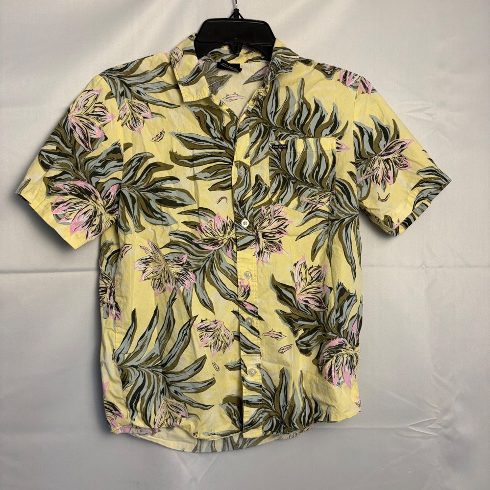 Volcom Boys Yellow Tropical Floral Palm Print Button Down Shirt Large 14